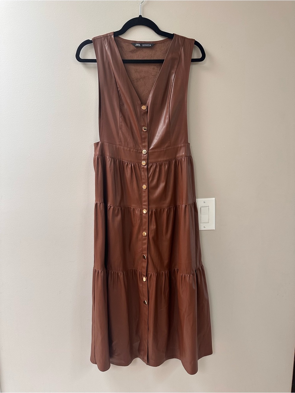 Zara Brown Faux-Leather Button Midi Dress